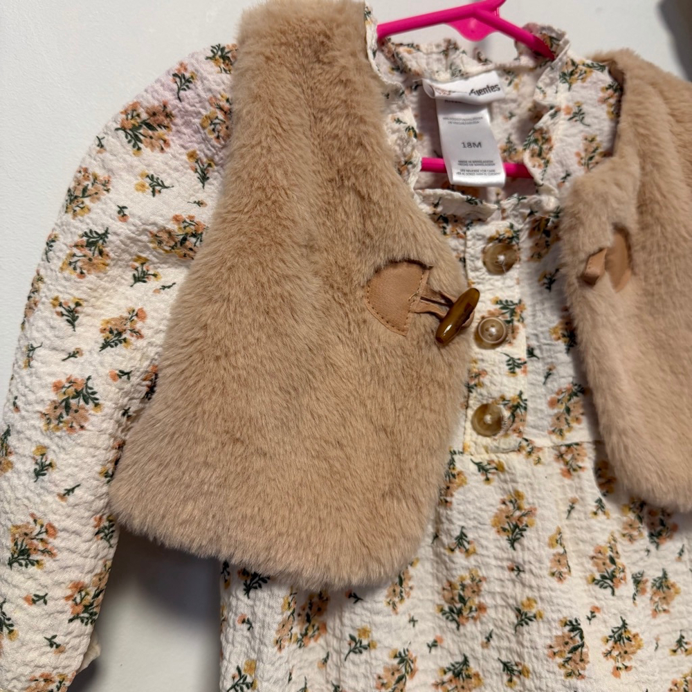 Girls Daisy Fuentes Casual Dress 18 Months White Floral with Brown Vest Bloomers - Picture 12 of 14